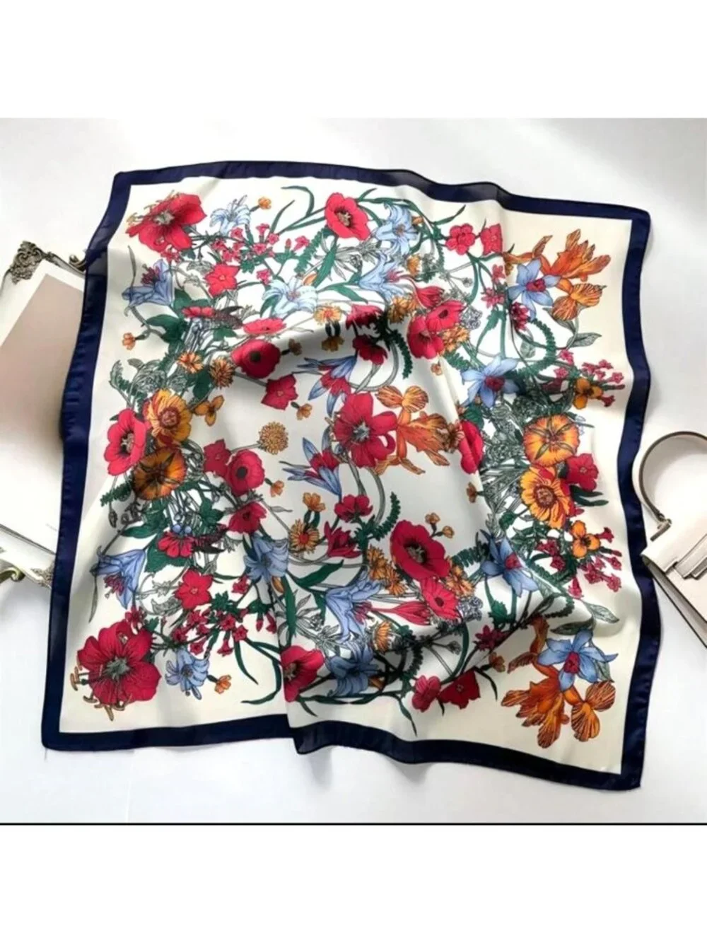 New Elegant Bandana Square Silky Scarf BLACK Flowers Garden Versatile Shawl Wrap
